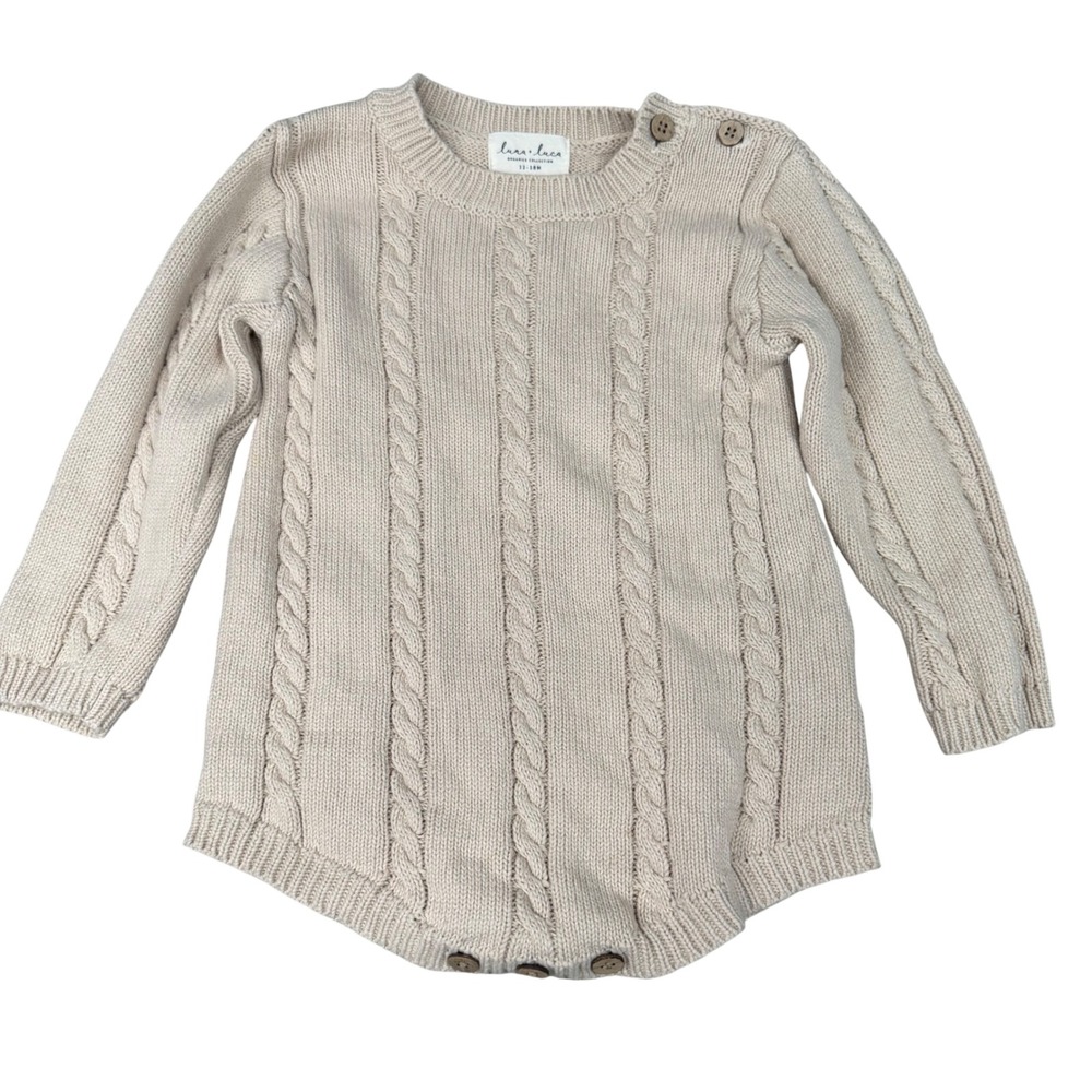 Luna + Luca Organics Beige Cable Knit Romper Bodysuit 12-18M Long Sleeve Oatmeal